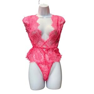 Avidlove Neon Pink Lace Bodysuit Teddy Lingerie Deep V Neck XL New